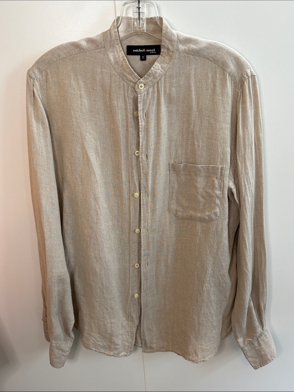 Michel Axel Beige Band Collar Linen Button-Up Shirt M